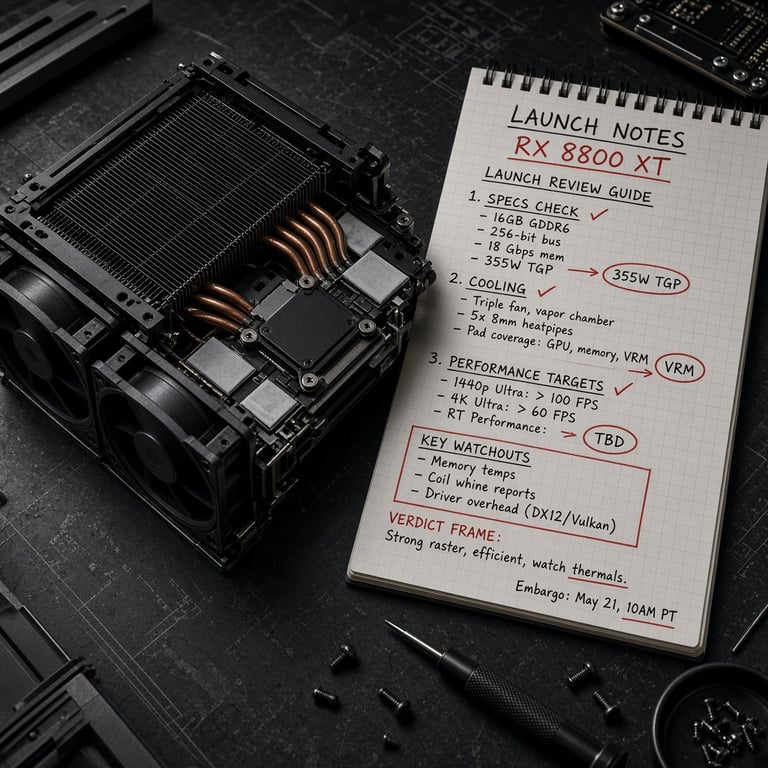 A graphics card cooling assembly beside launch notes