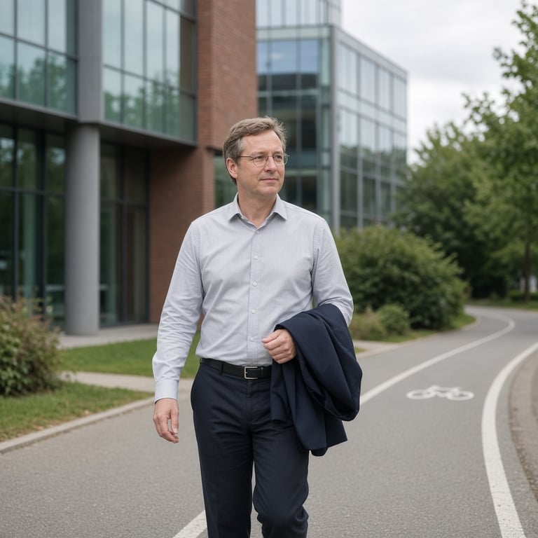 Volwassen wandelaar op een Nederlands fietspad tijdens een gewone werkdag