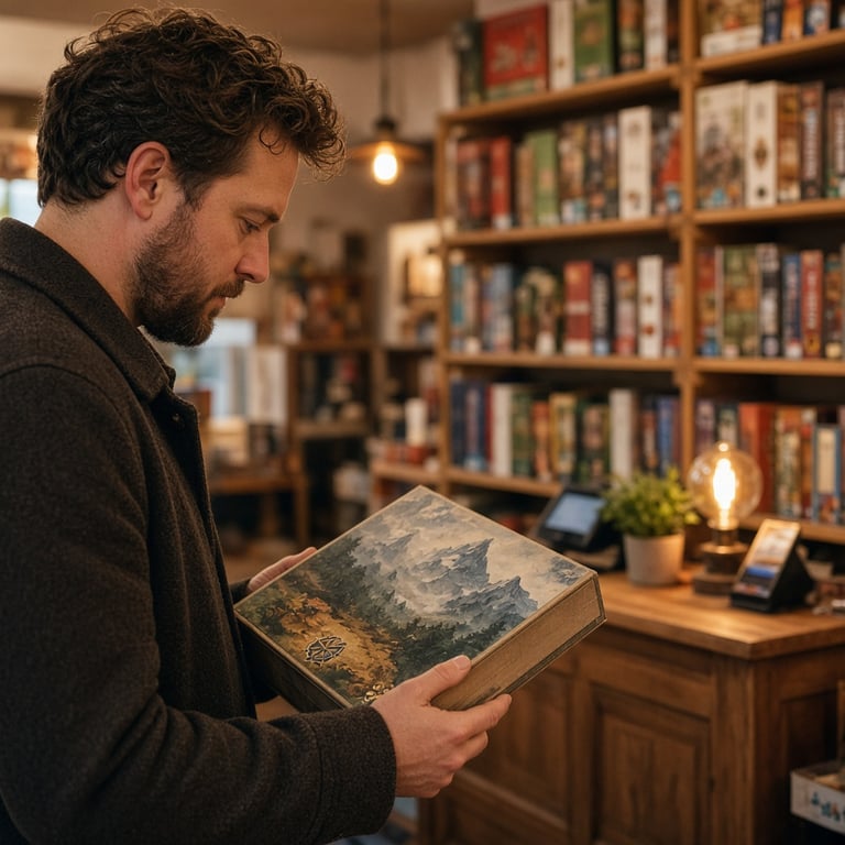 Spelers bekijken verschillende bordspellen in een sfeervolle spellenwinkel