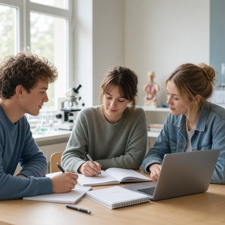 Studenten bespreken een gezondheidsvraagstuk aan tafel in een lichte onderwijsruimte