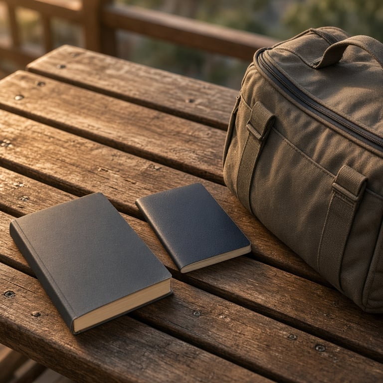 Paperbackthriller naast een paspoort en ingepakte handbagage op een houten bank