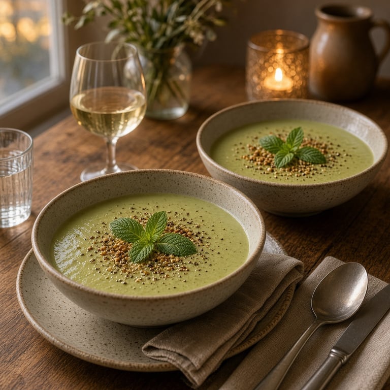 Romige courgettesoep met munt, peper en krokante toppings op een gedekte tafel
