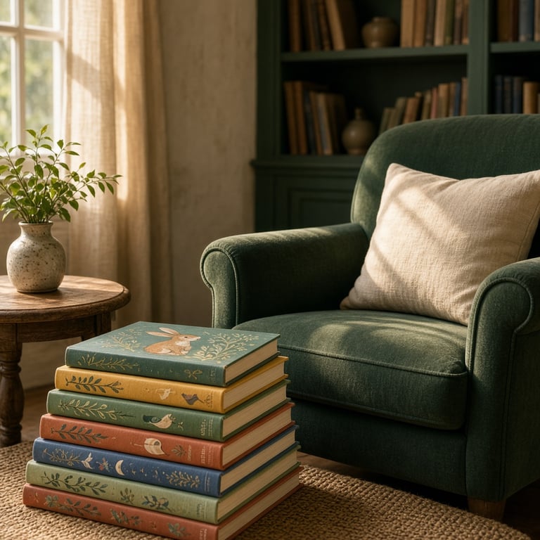 Een stapel Carry Slee-boeken naast een rustige leesstoel in een warme boekenkamer