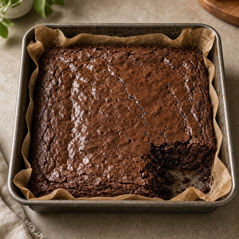 Versgebakken smeuïge chocolade brownies op een houten werkblad