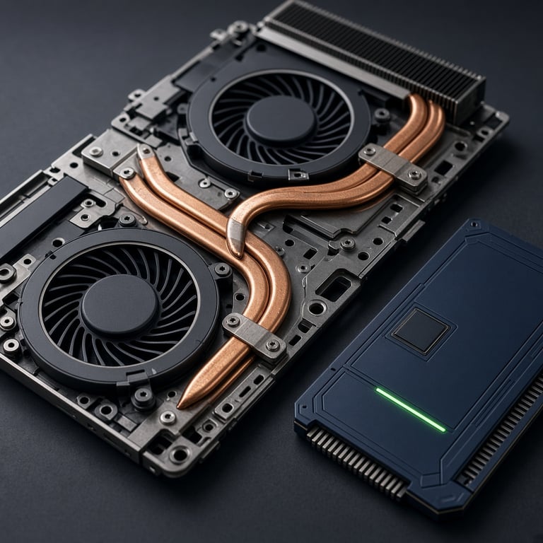 A close view of a laptop cooling system with copper heat pipes and fans beside a GeForce RTX specification card on a clean workbench