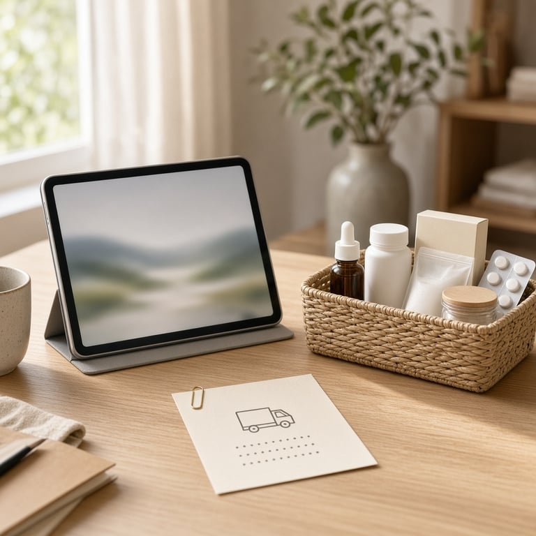 Nettbrett med apotekets handlekurv og notater om varepris og frakt