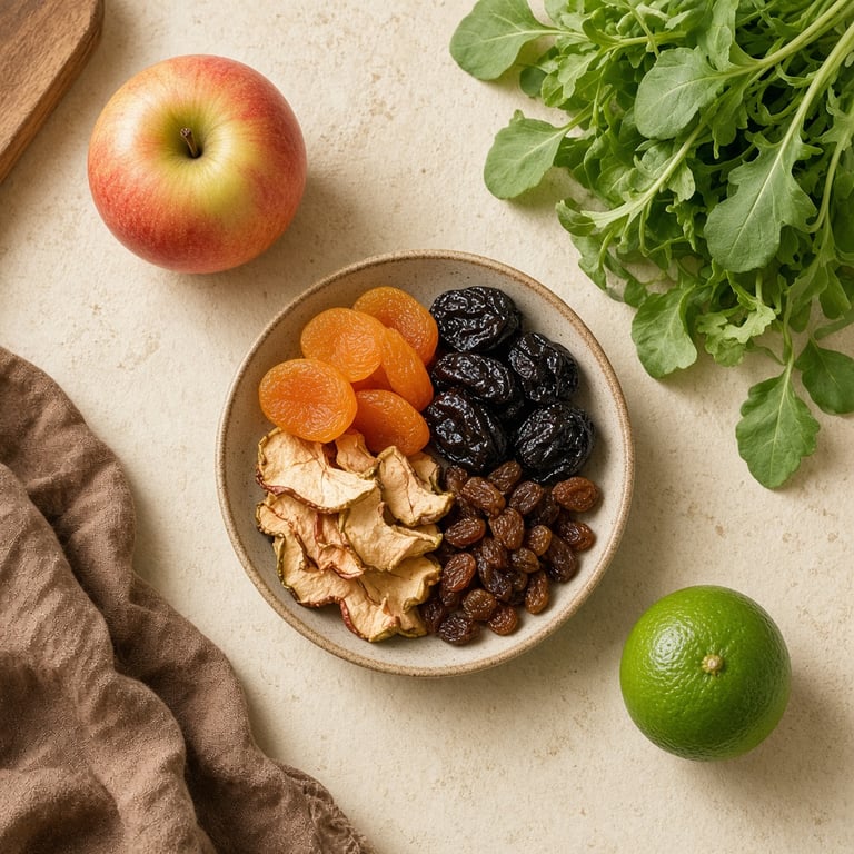 A small bowl of unsweetened dried apricots, prunes, apple pieces and raisins beside fresh fruit on a warm cream kitchen table