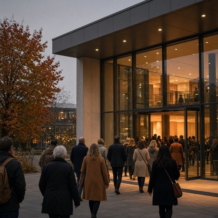 Herfstige bezoekers lopen richting een cultureel evenement in Apeldoorn