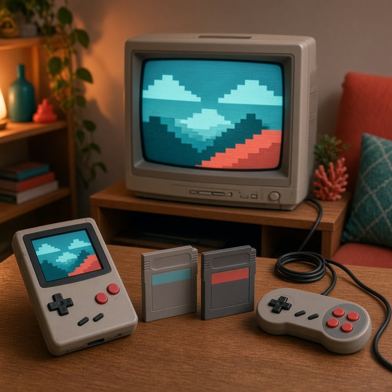 Kleine retro gaming verzameling met handheld en cartridges