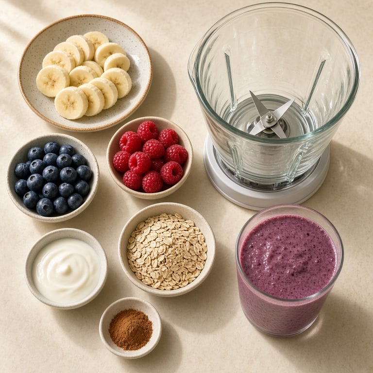 A bright berry banana smoothie beside fresh Australian berries, a banana, oats, and a glass blender