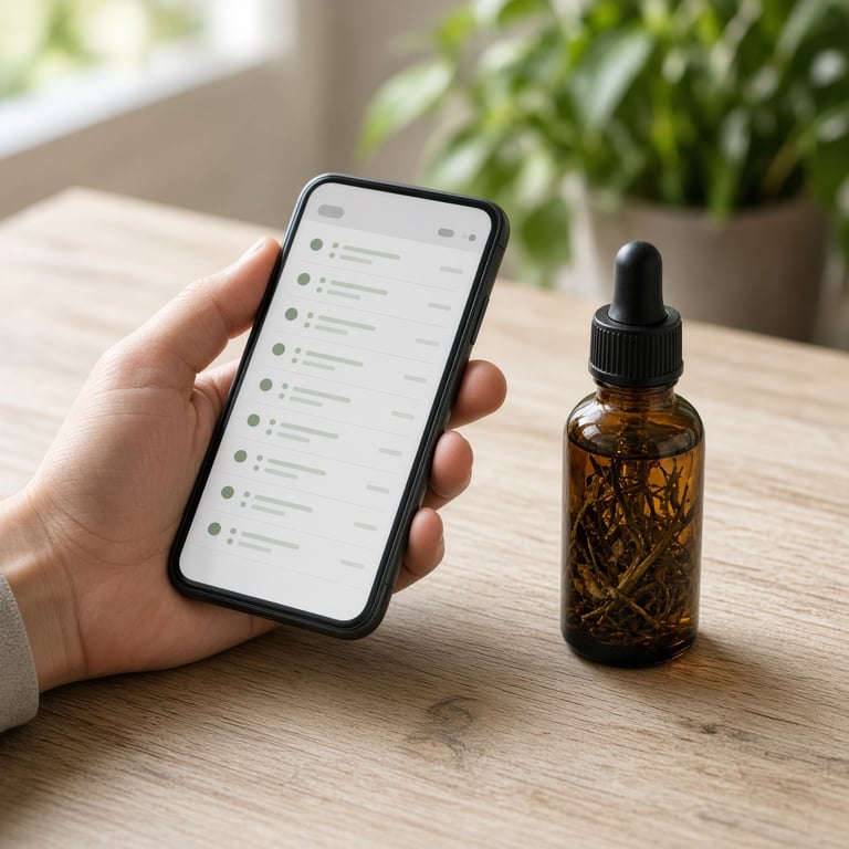 Legemiddelliste, mobiltelefon og urteprodukt på et bord under en rådgivende apoteksamtale