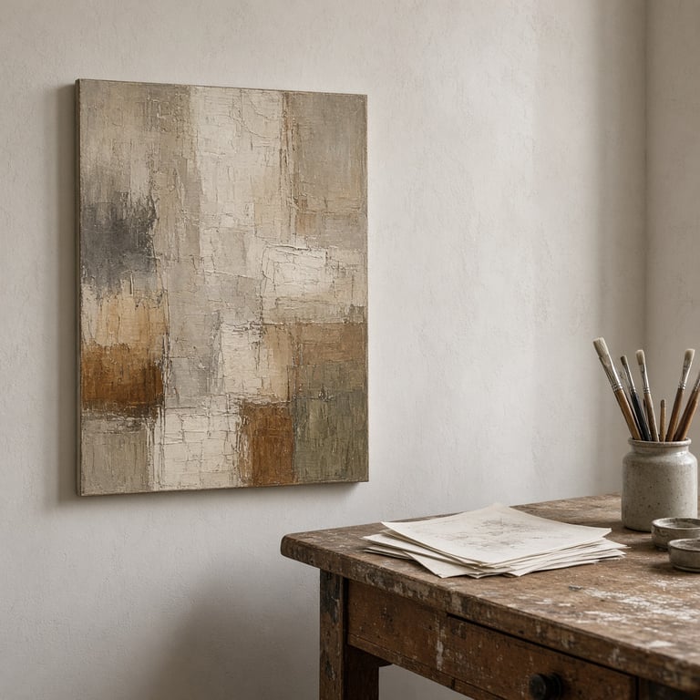 Origineel schilderij in aardse tinten tegen een rustige atelierwand