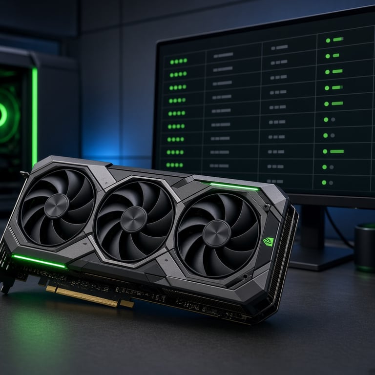 Nvidia GeForce RTX graphics card on a dark desktop beside a price comparison screen