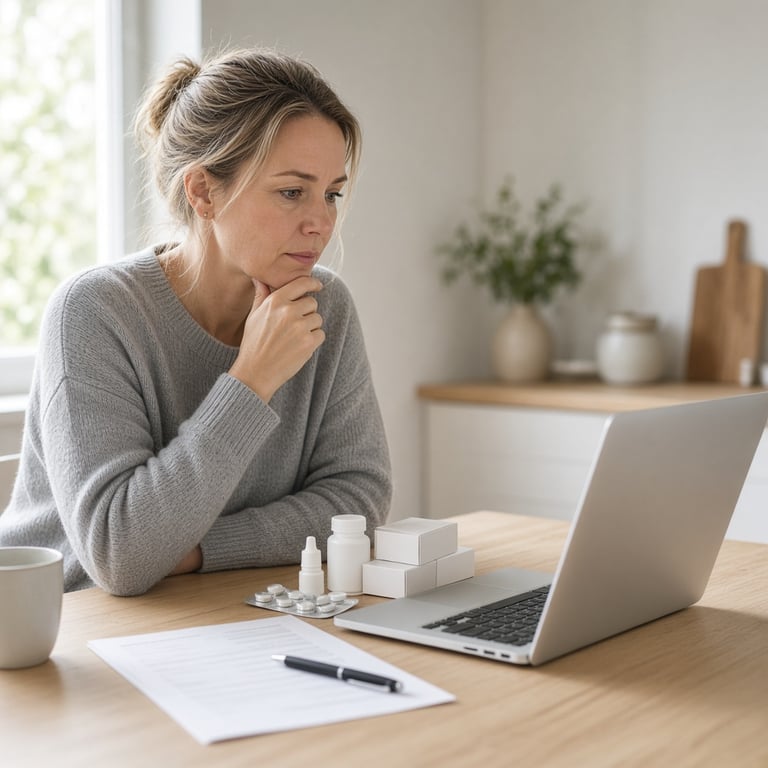Person som sammenligner et nettapotek på en laptop ved et lyst kjøkkenbord