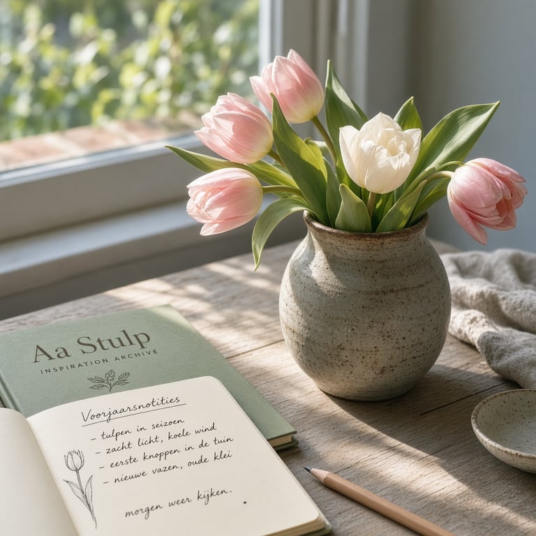 Seizoensgebonden tulpen en stylingmateriaal op tafel