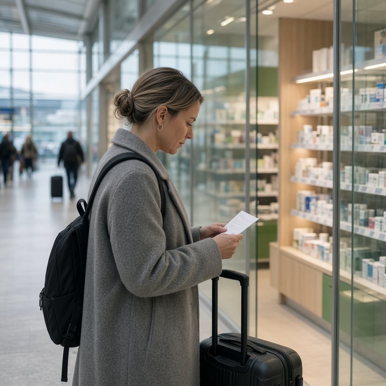 Reisende finner frem til et apotek i ankomstområdet på Oslo lufthavn