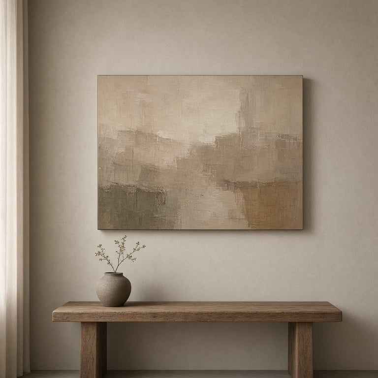 Een rustig modern schilderij boven een houten tafel in een minimalistische ruimte met warme aardetinten
