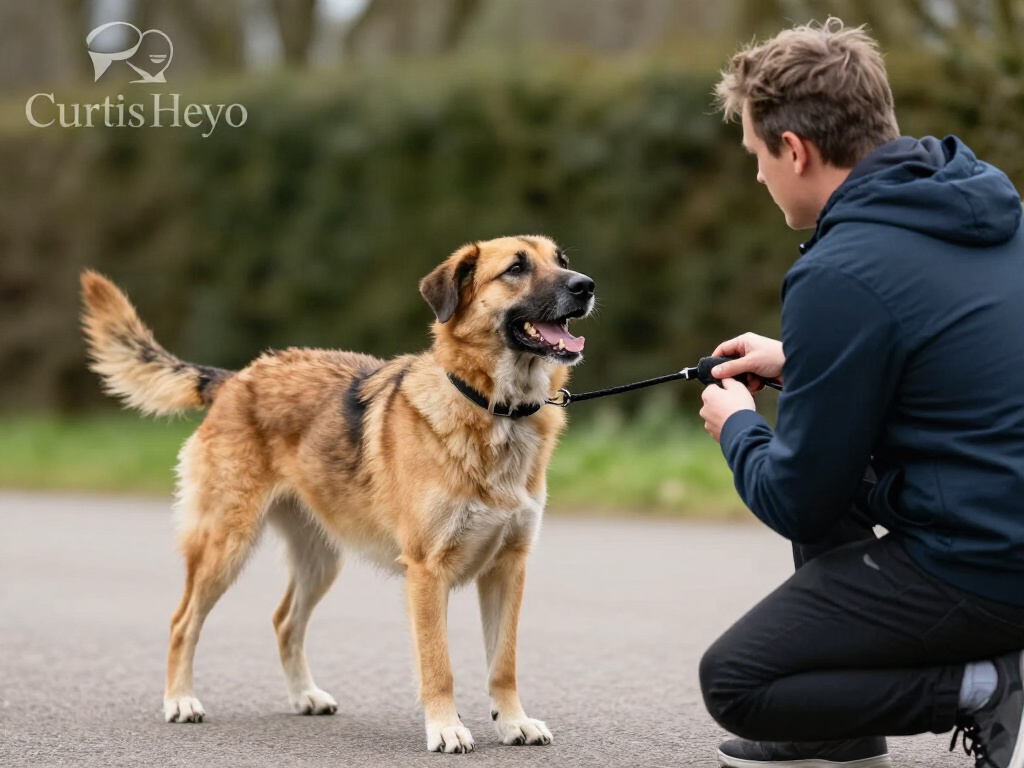 Een hond die een trick uitvoert met zijn trainer.
