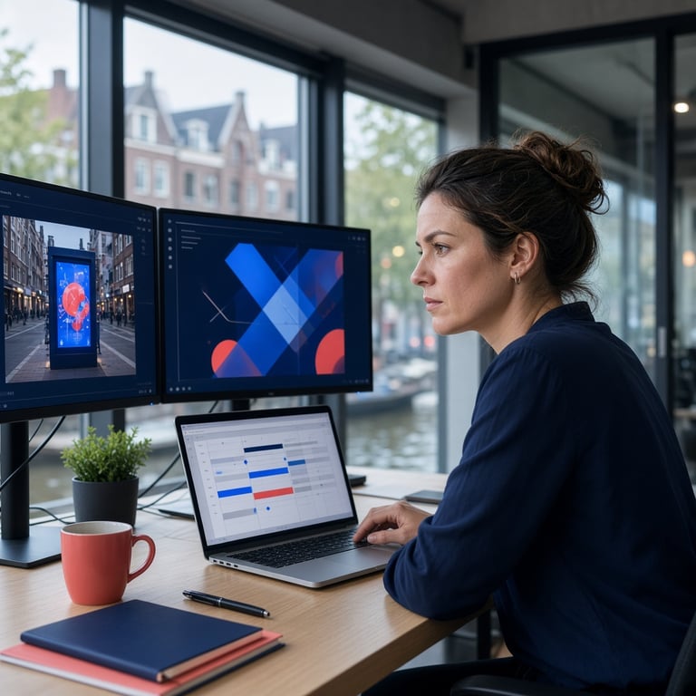 Een marketeer die campagneplanning en digitale schermen controleert op een modern kantoor