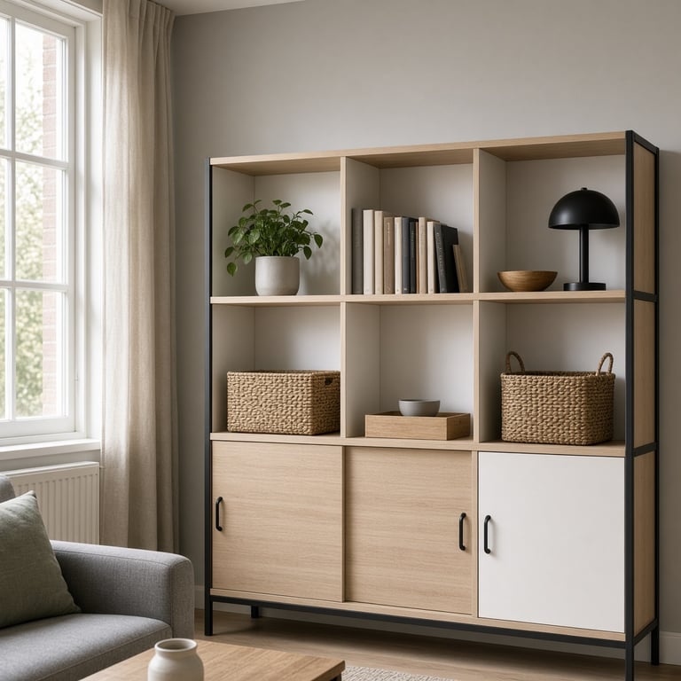 Een herkenbare Nederlandse woonkamer met een gepersonaliseerde IKEA-kast en warme accessoires
