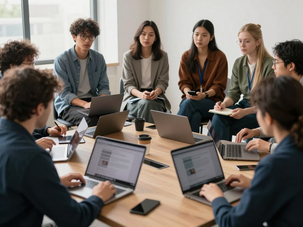 People discussing tech topics in a group