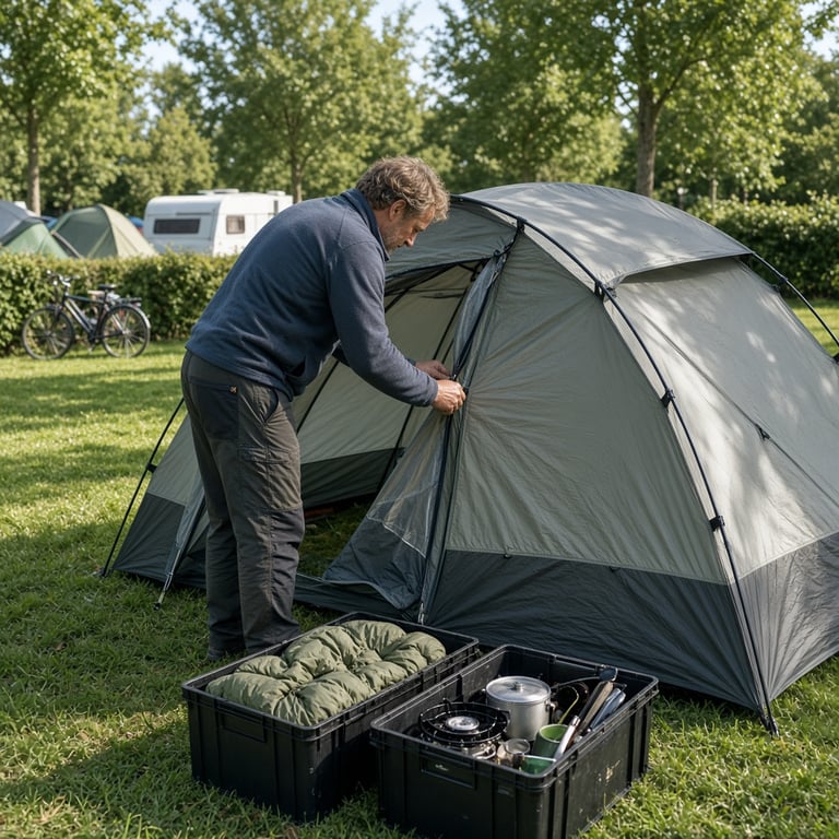 Een overzichtelijke Nederlandse kampeerplek met tent, opbergboxen en kookspullen naast een picknicktafel