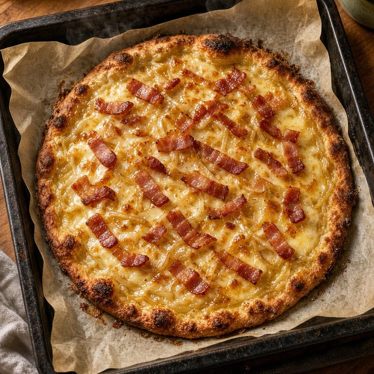 Krokante flammkuchen met crème fraîche, spek en rode ui op een houten serveerplank
