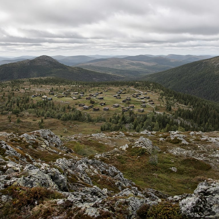 Fjellutsikt fra Tempelnatten mot Tempelseter, med åpent fjellterreng og skog i dalen