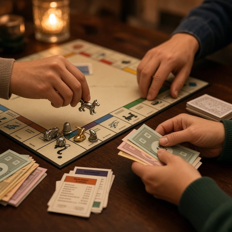 Een klassiek Monopoly bordspel met pionnen, geld en eigendomskaarten op tafel
