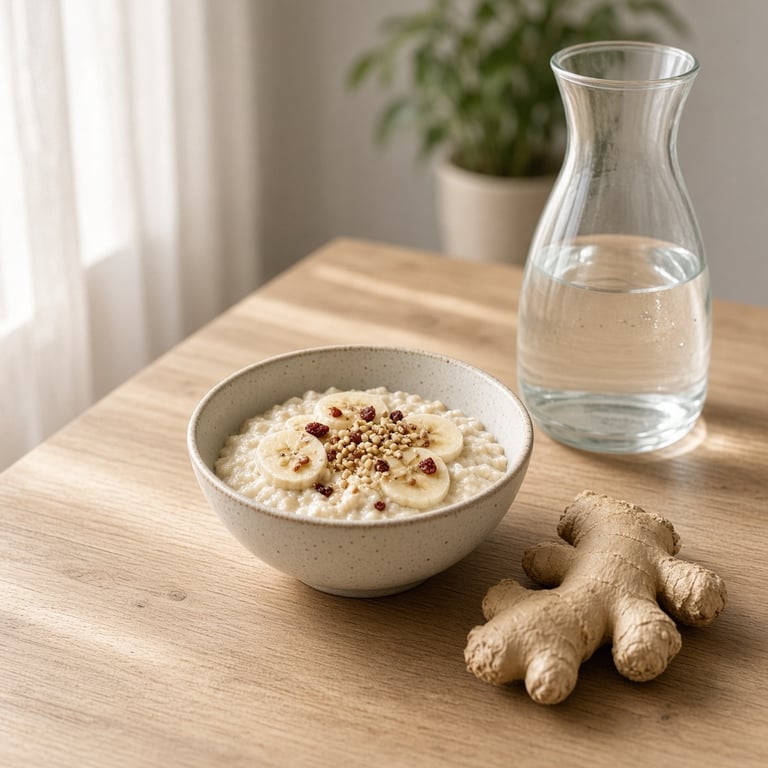 Et rolig frokostbord med ingefær, vann og en liten skål med mat