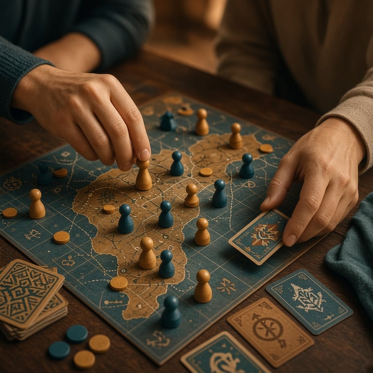 Handen van spelers die kaarten leggen en houten fiches verplaatsen tijdens een strategisch bordspel