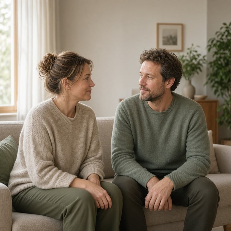 To personer sitter ved siden av hverandre i et rolig rom og snakker åpent om hvordan depresjon påvirker forholdet