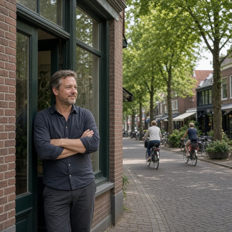 Straatbeeld van Apeldoorn met lokale winkels en fietsers in een groene omgeving