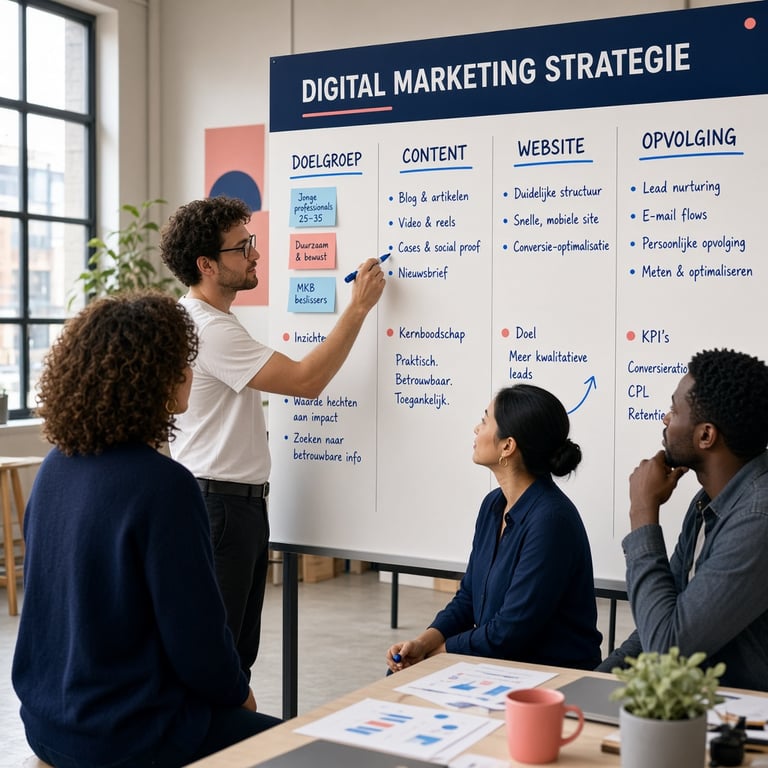 Een marketingteam ordent strategie, content en kanalen op een groot planbord