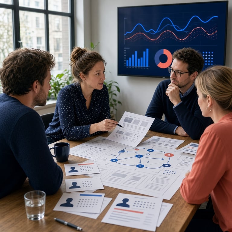 Strategisch overleg over digital marketing met website, klantreis en campagnegegevens op een scherm