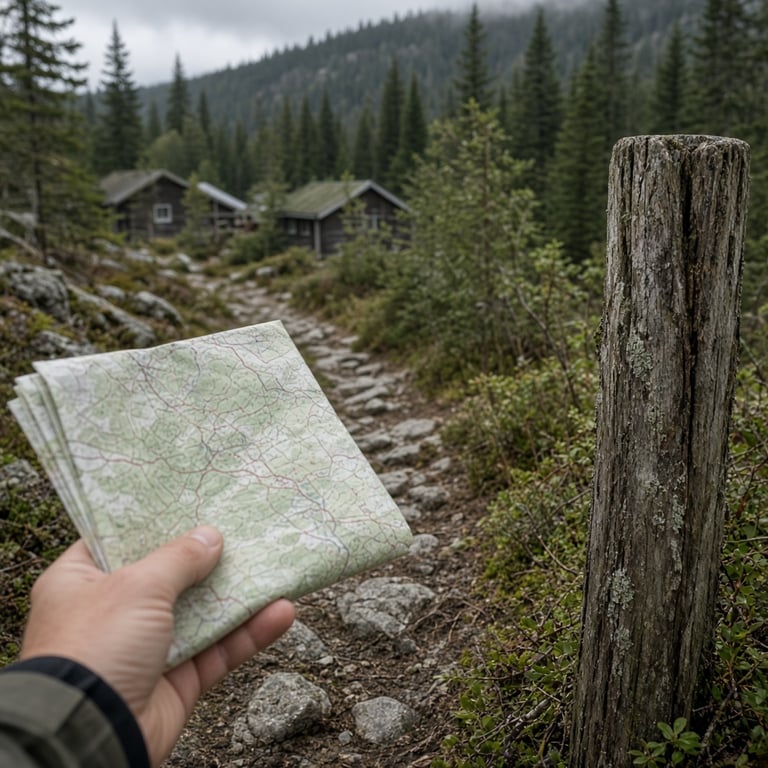 Hytteområde ved Tempelnatten med kart og tursti gjennom norsk fjellskog