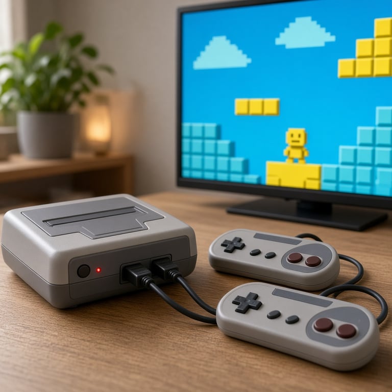 Een compacte retro gaming console met klassieke controller naast een moderne televisie