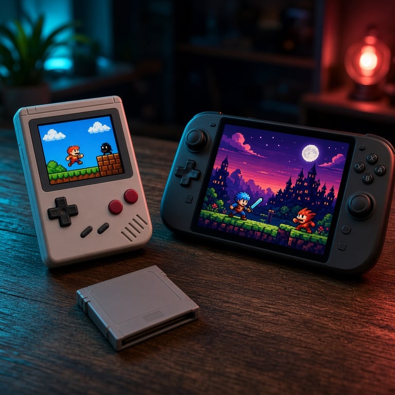 Een retro handheld met cartridge naast een moderne Android-handheld en originele pixelgames op een houten tafel