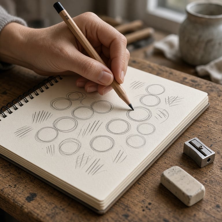 Volwassen beginner tekent met een grafietpotlood aan een houten ateliertafel