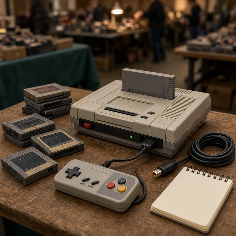 Een retro spelcomputer met cartridges naast een notitieblok voor een beursbezoek