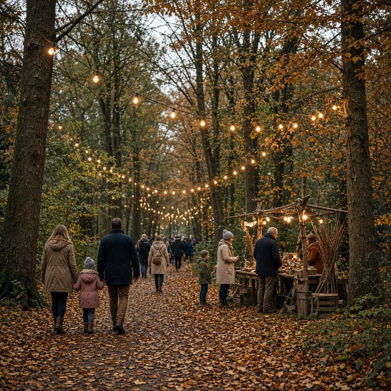 Bezoekers bij een herfstactiviteit tussen bomen en lampen in Apeldoorn