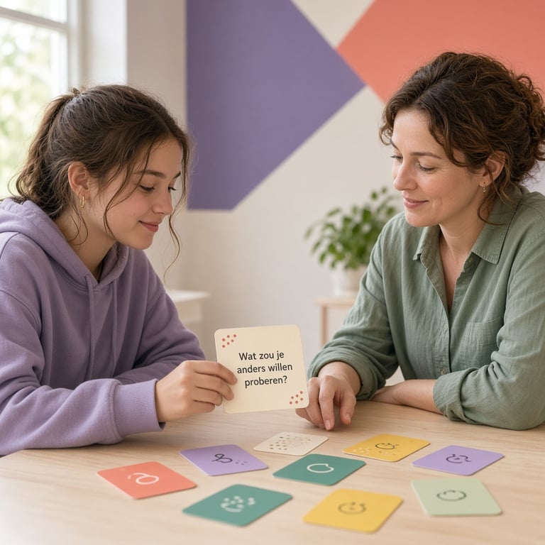 Tiener en opvoeder kiezen samen een vraagkaart aan een lichte tafel, met kleurrijke kaarten en een open gesprek als centraal moment