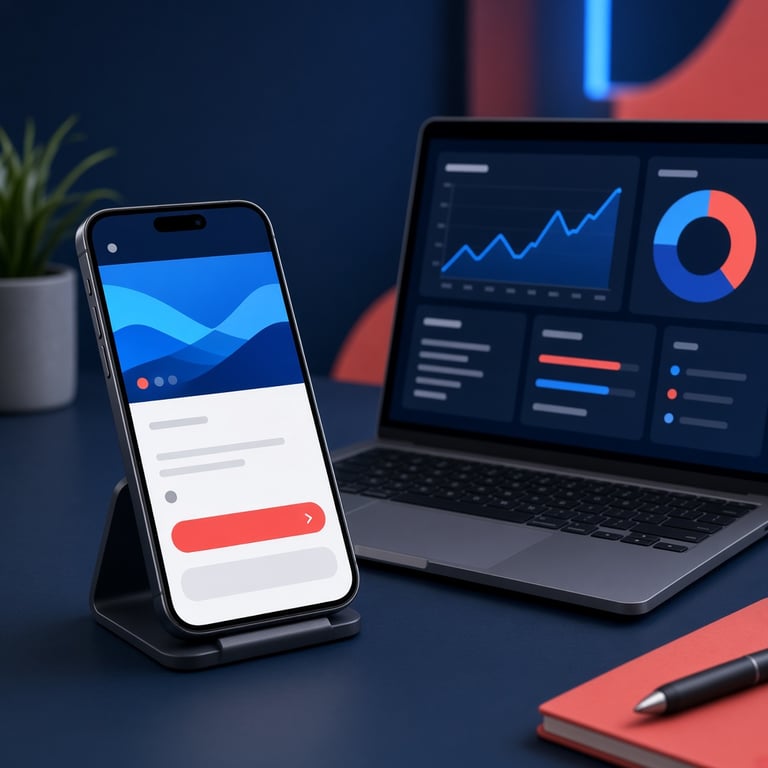 Een mobiele website met een duidelijke call-to-action naast een dashboard met conversiemeting