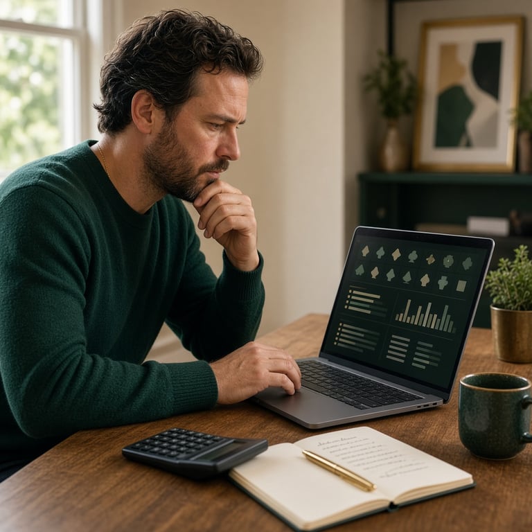 Australian player reviewing pokie RTP and session limits on a laptop at a tidy desk