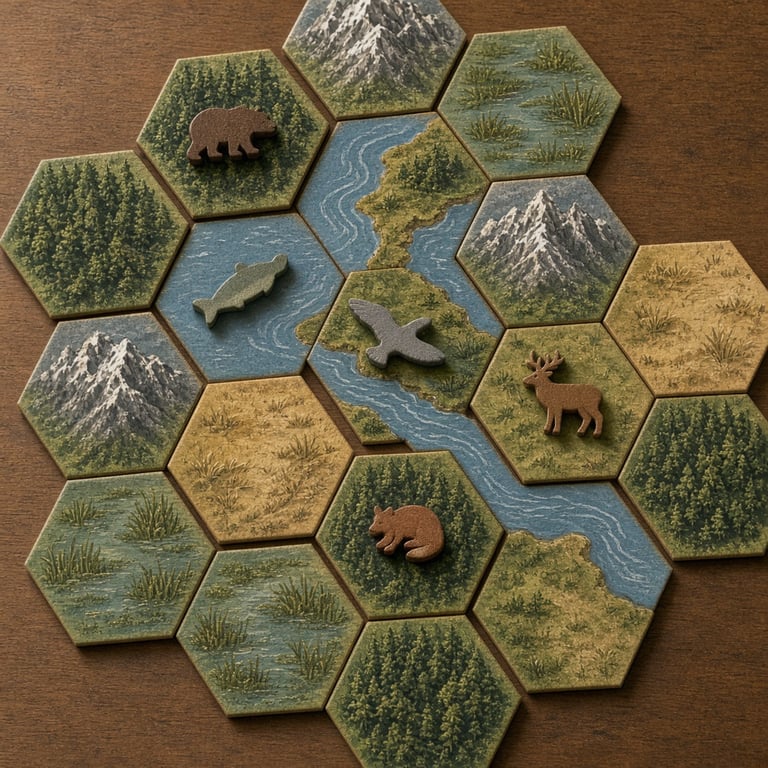 Een opgebouwd Cascadia bordspel met landschapstegels, dierenfiches en scorekaarten op tafel