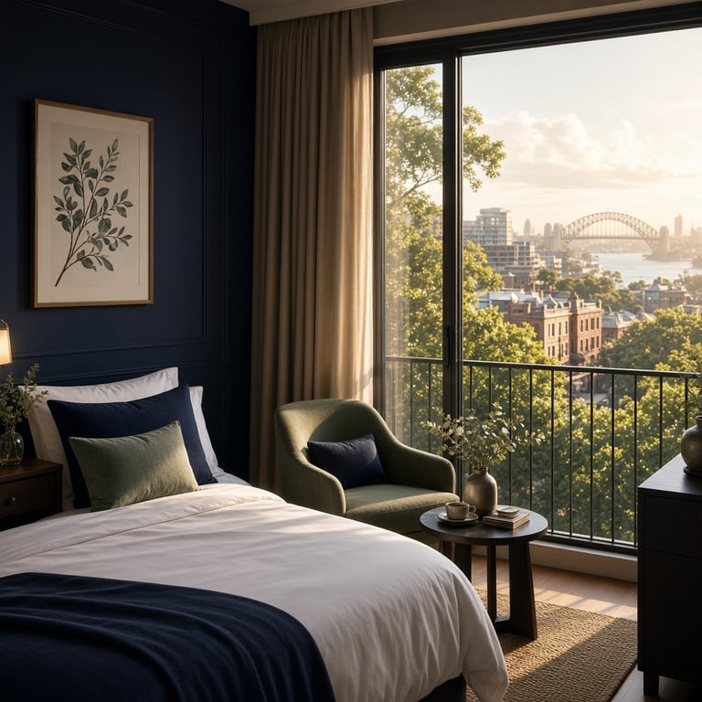 Sunlit hotel room with a view toward leafy Sydney