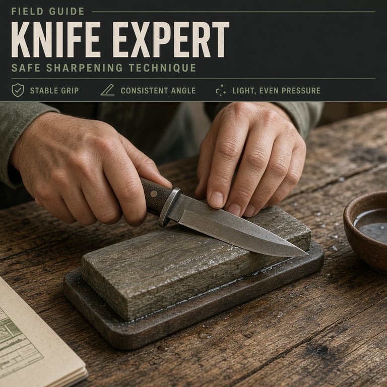 Hands practicing knife sharpening over a whetstone