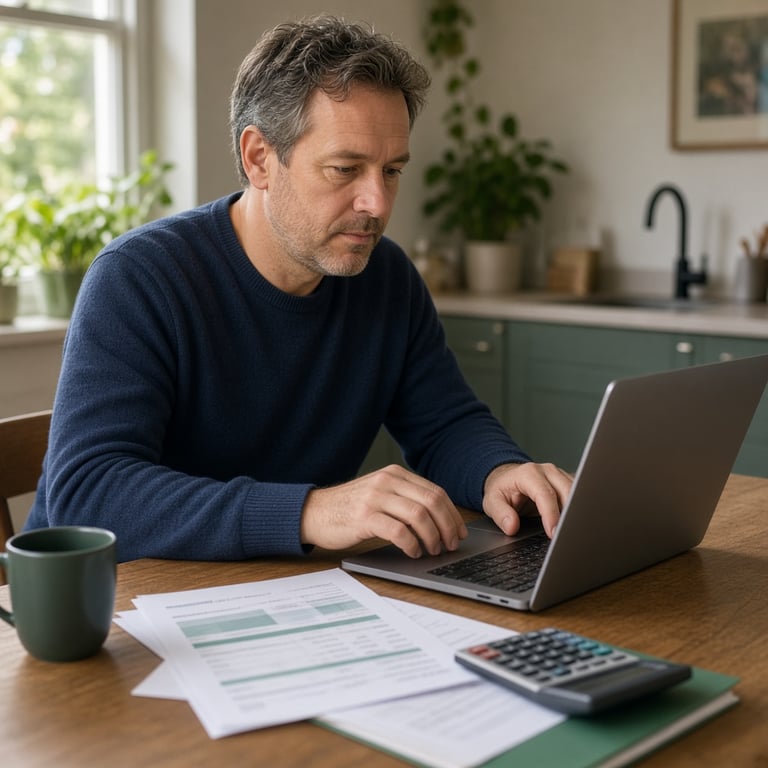 Nederlandse huiseigenaar bekijkt op een laptop de hypotheekrente en belastingaangifte aan de keukentafel