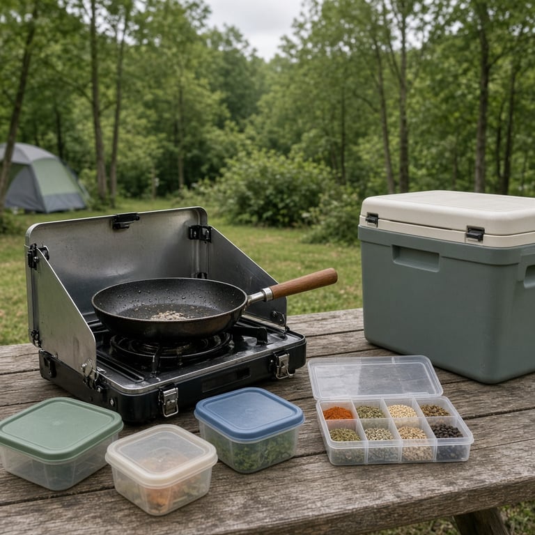 Een eenvoudige campingkeuken met een pan, herbruikbare bakjes, kruiden en een compacte koelbox