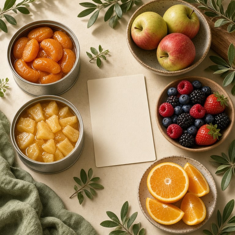 Canned apricots, pineapple and berries arranged with fresh fruit and a pantry label checklist